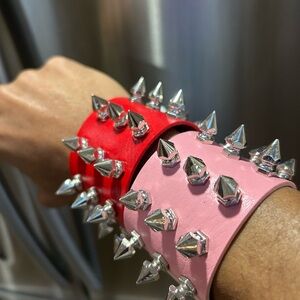 2 PCs faux leather Gothic Red Pink spike Punk Bracelets